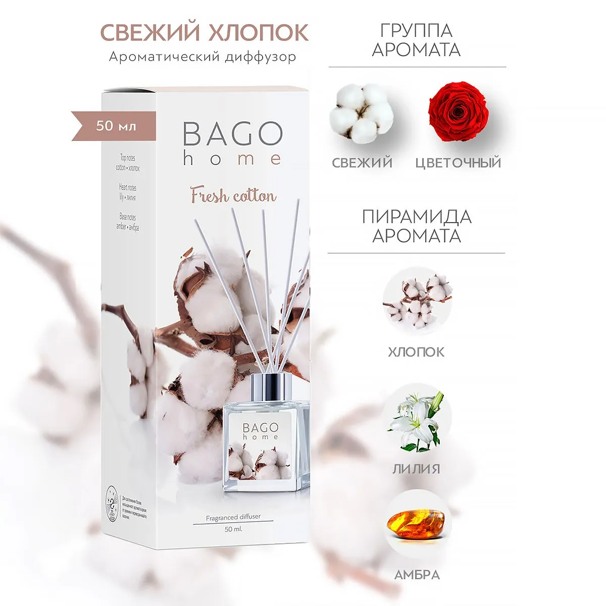 BAGO Диффузор Свежий хлопок 50мл